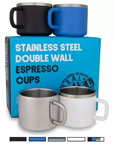 Stainless Steel Espresso Cups: Set of 4 Double Wall Insulated 3 oz Small Metal Cups