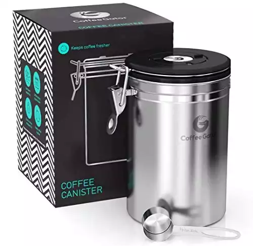 Coffee Gator Stainless Steel Coffee Container - Date-Tracker, CO2-Release Valve and Measuring Scoop