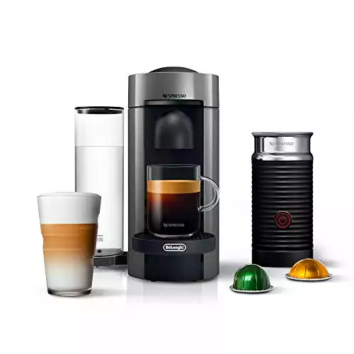 Nespresso VertuoPlus Coffee and Espresso Maker Bundle with Aeroccino Milk Frother by De'Longhi, Grey