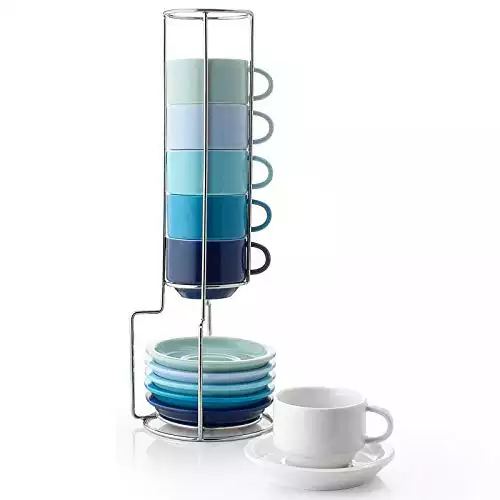 Sweese 404.003 Porcelain Stackable Espresso Cups with Saucers - Set of 6, Cool Assorted Colors