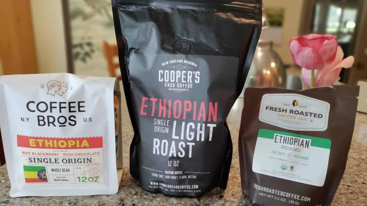 coffee bros fresh roasted and coopers coffees on table
